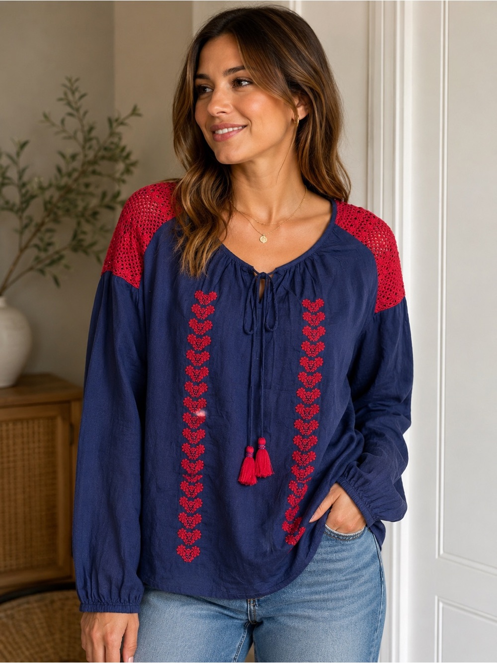 Roberta Roller Rabbit Navy Red Embroidered Tassel Peasant Top XS